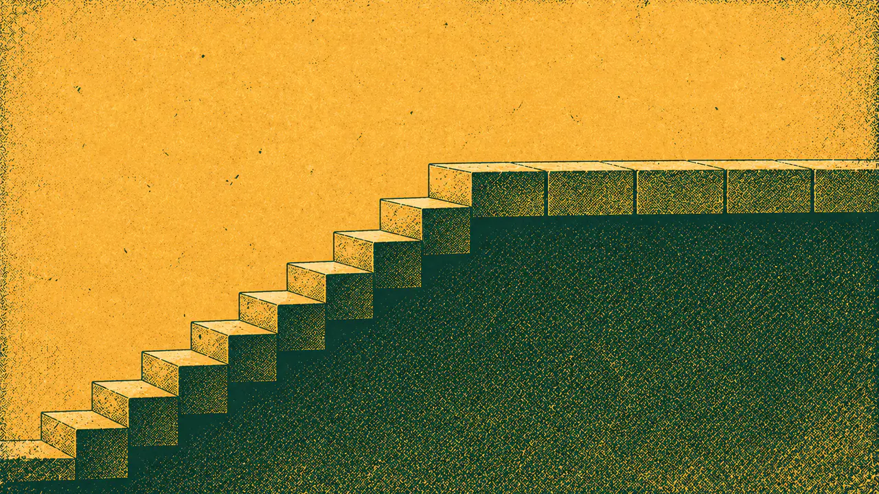 Screen-print illustration of a staircase of stacked blocks climbing steeply and then stopping abruptly, continuing instead as a long flat plateau of the same blocks.