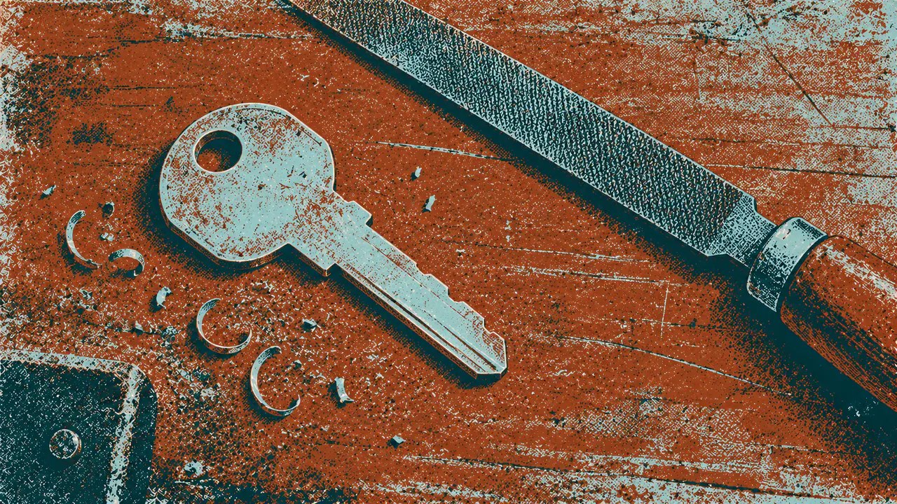 Screen-print illustration of one hand-cut key blank lying on a workbench beside the file that shaped it, no other keys anywhere in the frame.