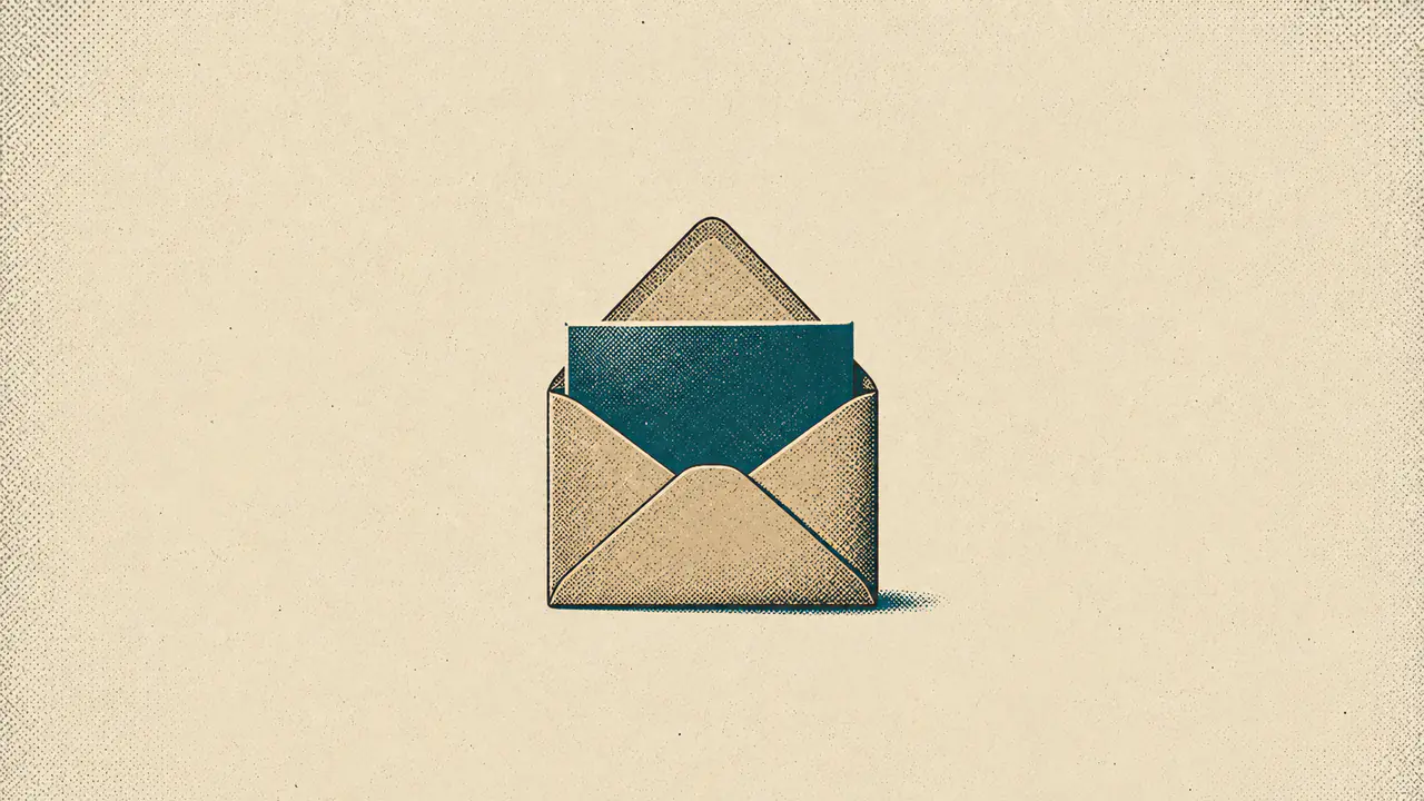 An open envelope with a teal card rising out of it, illustrating a sponsored message delivered inside a ChatGPT answer