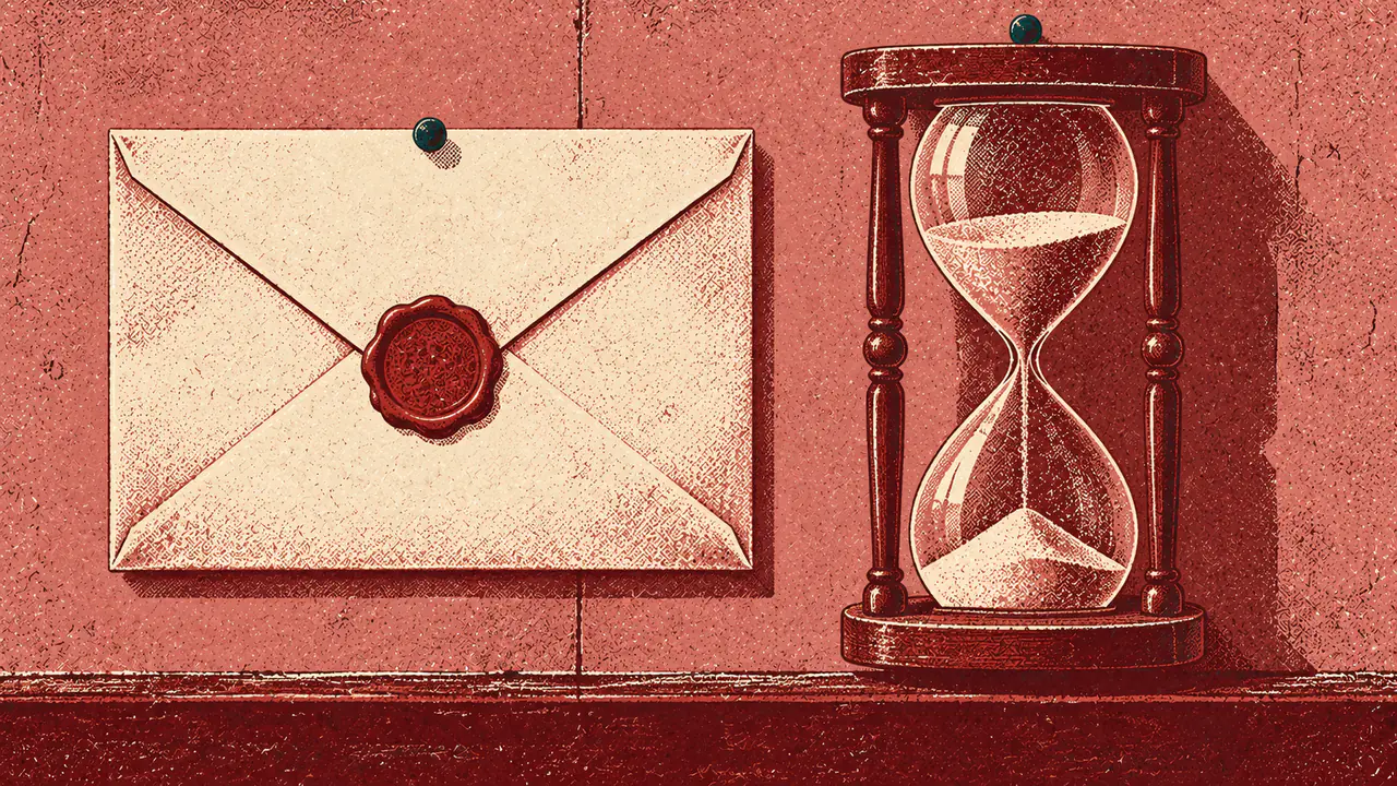 Screen-print illustration of a sealed wax-stamped envelope pinned flat to a wall directly beside a running hourglass, the sand already partly through.