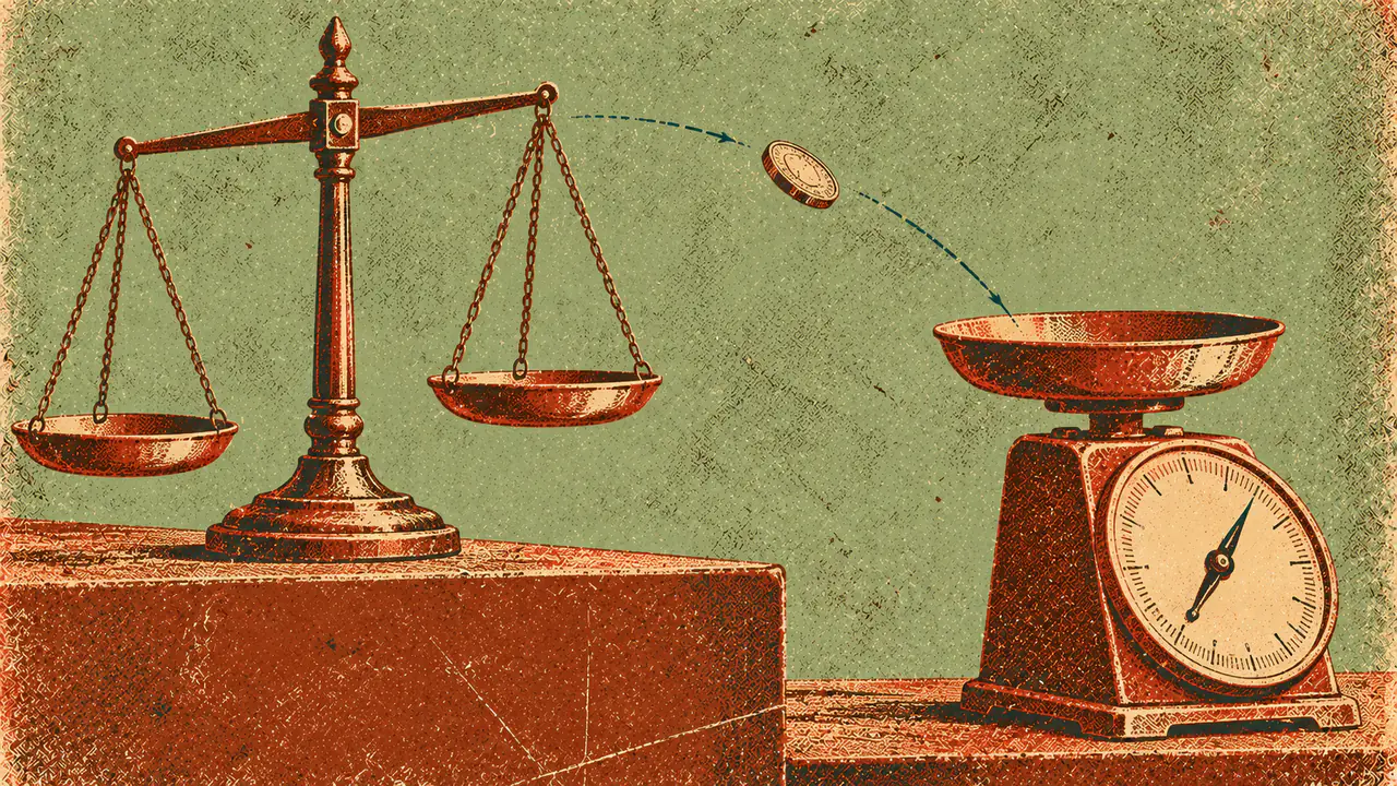 Screen-print illustration of two weighing scales of entirely different design standing side by side, with one single coin caught mid-transfer between them.
