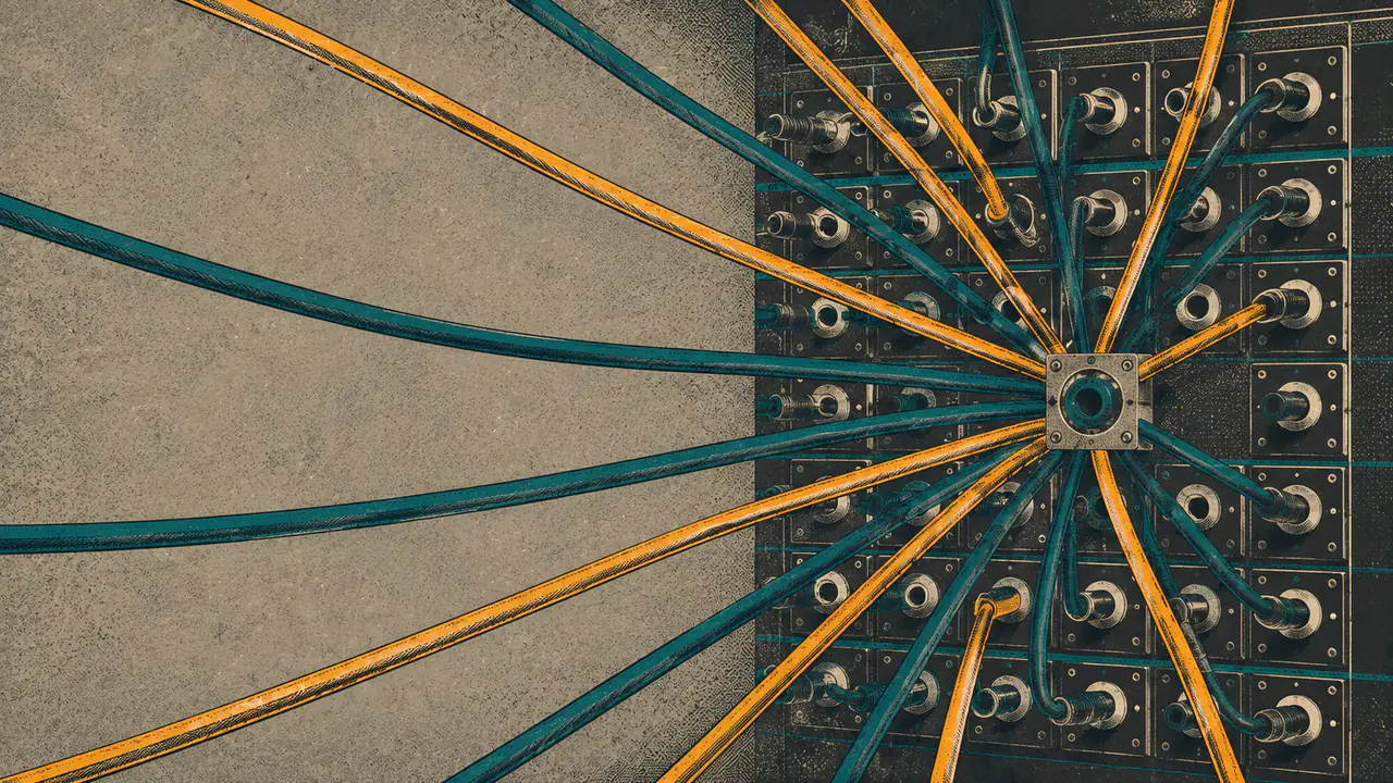 A patch panel with teal and yellow cables radiating from one hub, representing the advertisers, agencies, and partners wired into OpenAI’s ad pilot
